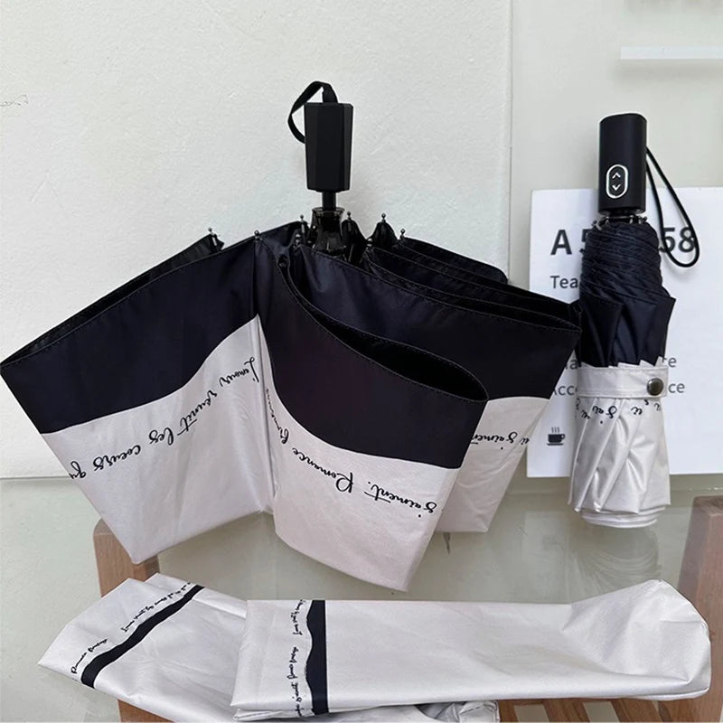 Romantic French Umbrella Automatic Sunscreen and Rainproof Dual Purpose Black and White Splicing UV Resistant Sunshade Umbrella Oasis Select