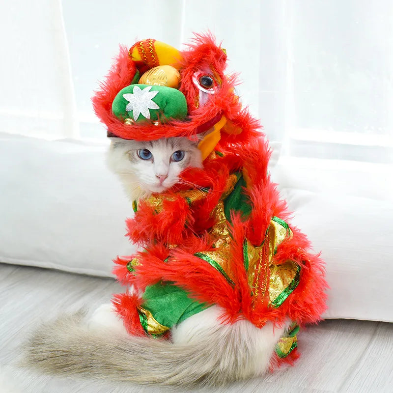 Funny and Mischievous Cat Costumes for Lion Dance Red Festive New Year Pet Clothing pet accessories Oasis Select