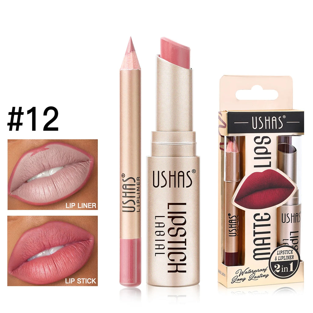 USHAS 12-Color Matte Lipstick & Lip Liner Set – Waterproof