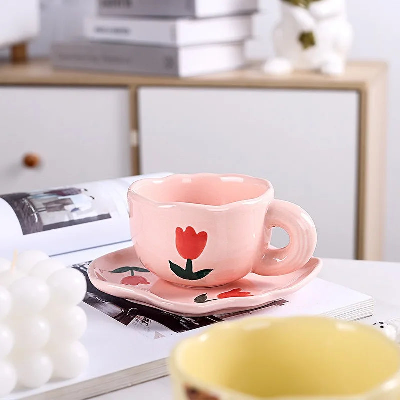 180Ml Handmade Ceramic Coffee Cup and Saucer for Afternoon Tea Milk Cup and Saucer Latte Cup Dessert Plate Creative Gift Oasis Select