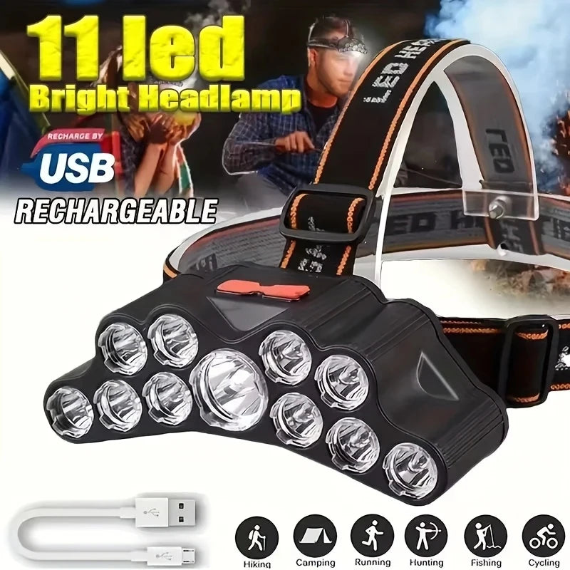 Ultra-bright 5/11 LED Headlight Type-C Rechargeable Headlamp with Battery Waterproof Flashlight Outdoor Camping Fishing Lighting Oasis Select