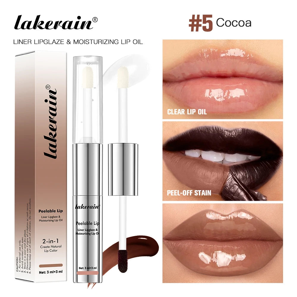 2 IN 1 Doublw-Ended Peel Off Lip Liner & Lip Oil Waterproof Matte Nourishing Smudge Proof Lipstick Long Lasting Cosmetics Makeup Oasis Select 5 Cocoa