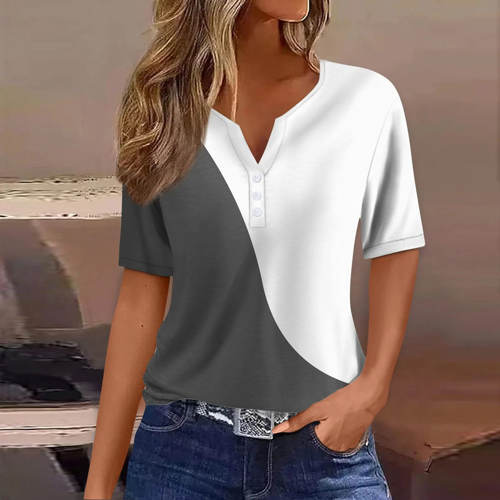 2024 Summer Patchwork T-Shirts Button Tops Womens Casual Short Sleeve Loose Ladies V-Neck Female Street Clothes Pullover Oasis Select Gray S
