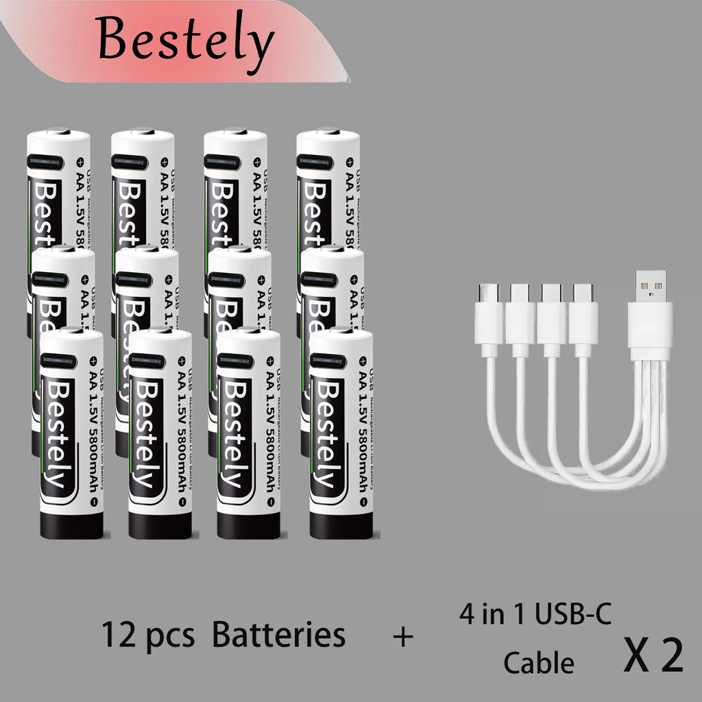 Bestely USB 1.5V AA 5800mAh Lithium ion Rechargeable Battery, AA Fast Charging Li-ion Akku , 2000 Cycle with USB- C Port Cables Oasis Select 12 pcs batteries