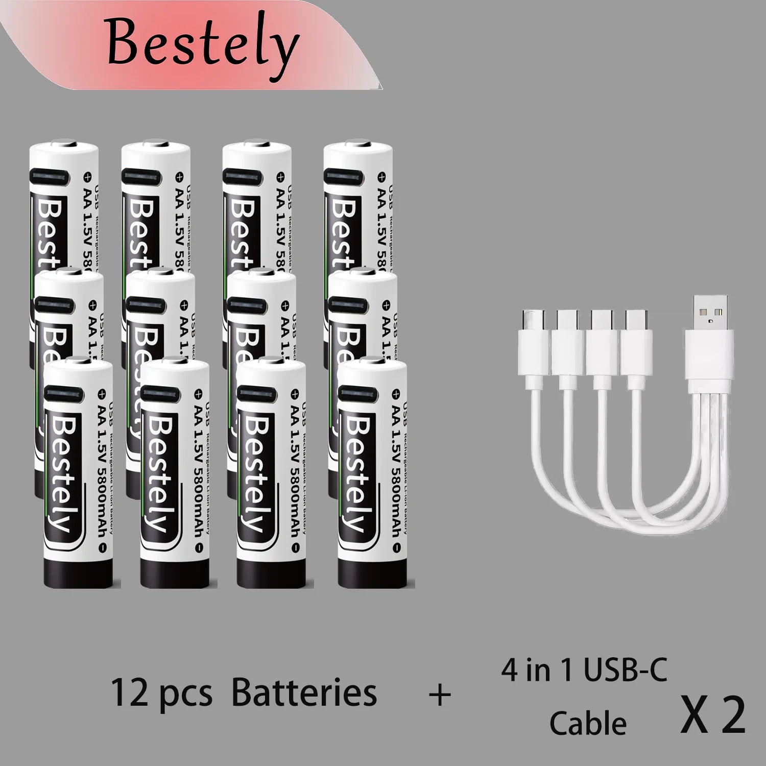 Bestely USB 1.5V AA 5800mAh Lithium ion Rechargeable Battery, AA Fast Charging Li-ion Akku , 2000 Cycle with USB- C Port Cables Oasis Select 12 pcs batteries