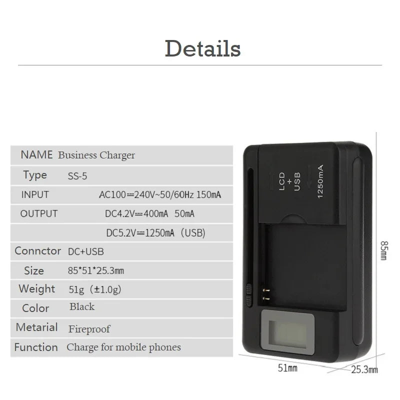 Mobile Battery Charger Universal LCD Indicator Screen USB-Port For Cell Phone Chargers 32-55mm Battery Charging US UK EU Plug Oasis Select