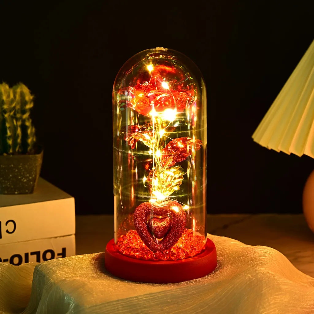 Romantic Rose Ornament Delicate Led String Lights Decoration Glass Dome Rose Charming Luxury Glass Display Rose For Home Decor Oasis Select Red