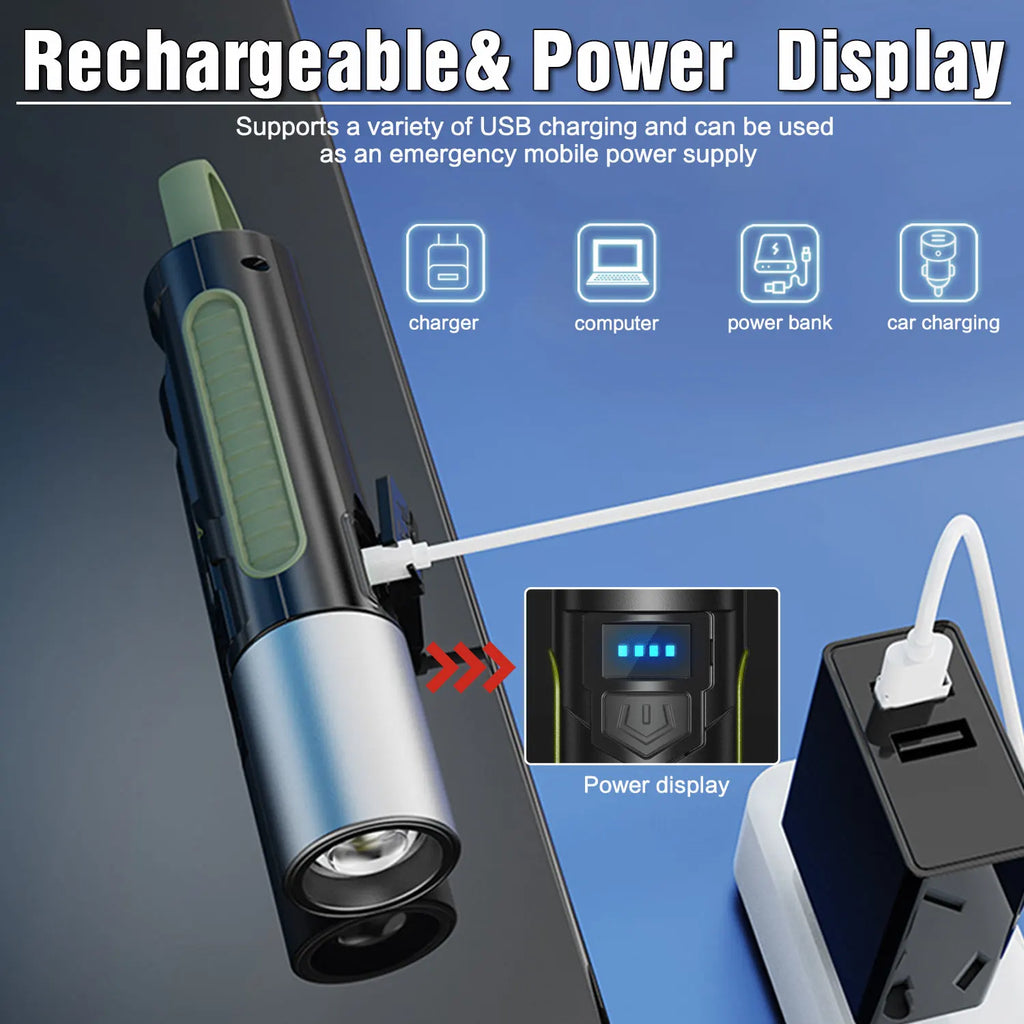 Powerful LED Flashlight Outdoor Camping Light USB Rechargeable Flashlight Portable Work Light Emergency Torch with Side Lights Oasis Select