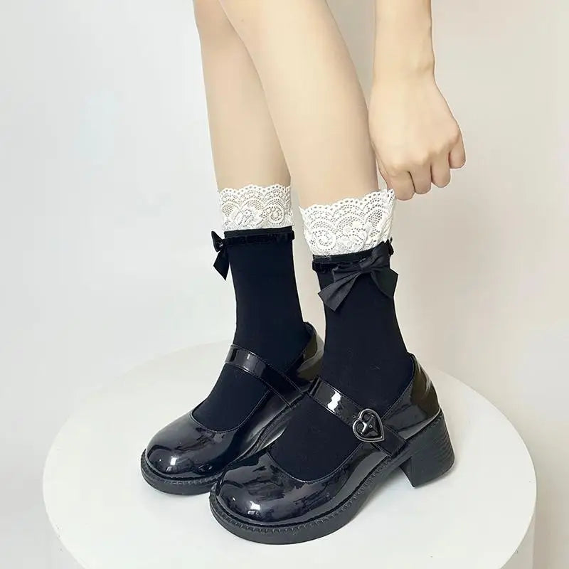 Sweet Lolita Lace Bow Over-Knee Socks | JK School Uniform Style Over-Knee Fashion Socks Oasis Select B2 One Size