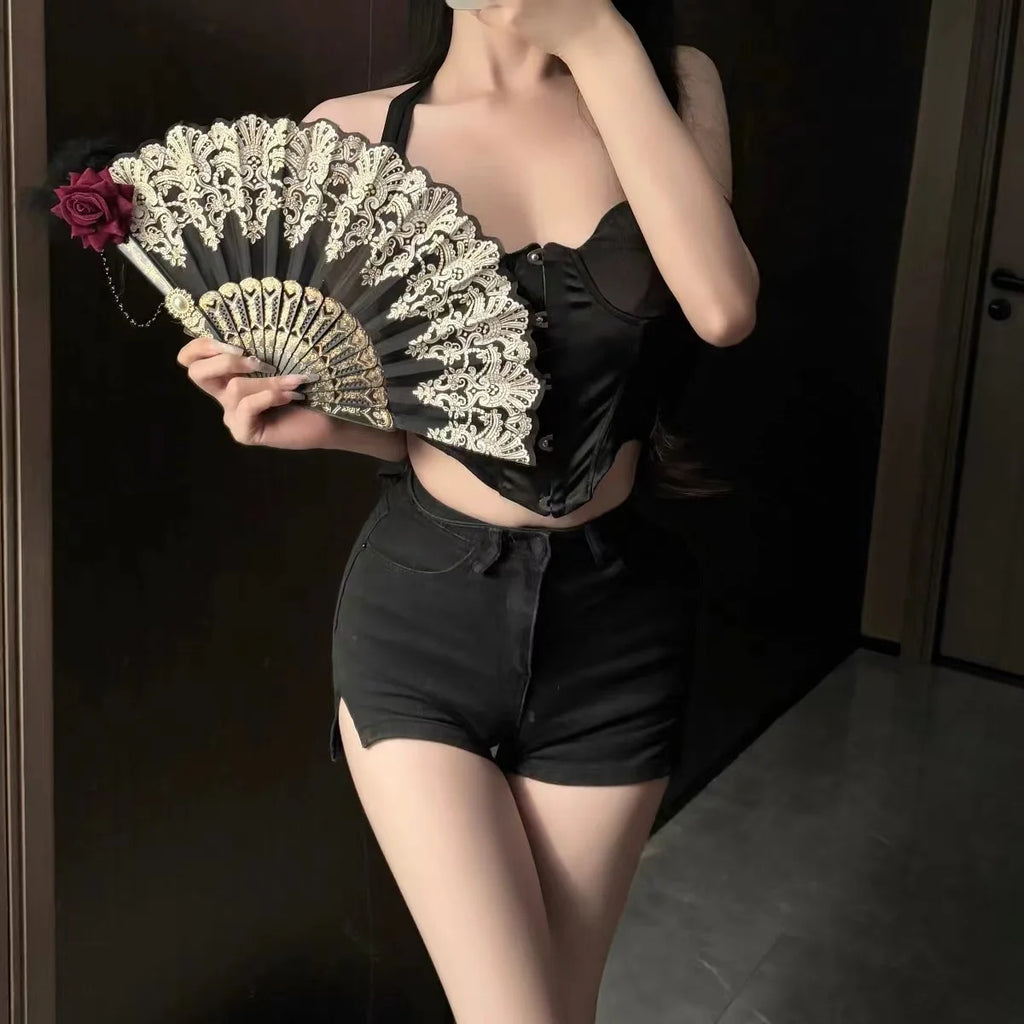 Female Lace Hand Fan Lolita Gothic Fan Victorian Vintage Black White Red Rose Bamboo Fans Cosplay Halloween Party Photo Prop Oasis Select K