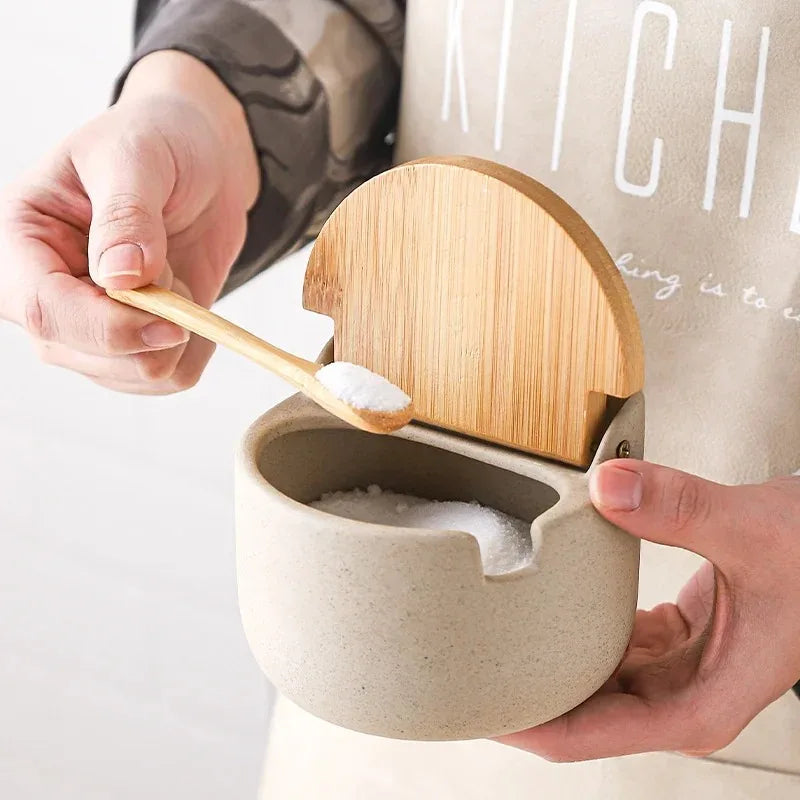 1pcs Ceramic Spice Jar with Bamboo Lid Spoon Japanese Style Seasoning Canister Salt Sugar Storage Container Kitchen Household Oasis Select