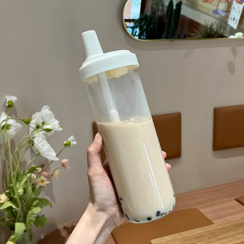 500/800ML Large-capacity Straw Cup, Food-grade Transparent PP Material,Portable Ins Style Water Cup, Juice Milk Tea Cup Oasis Select White-800ml