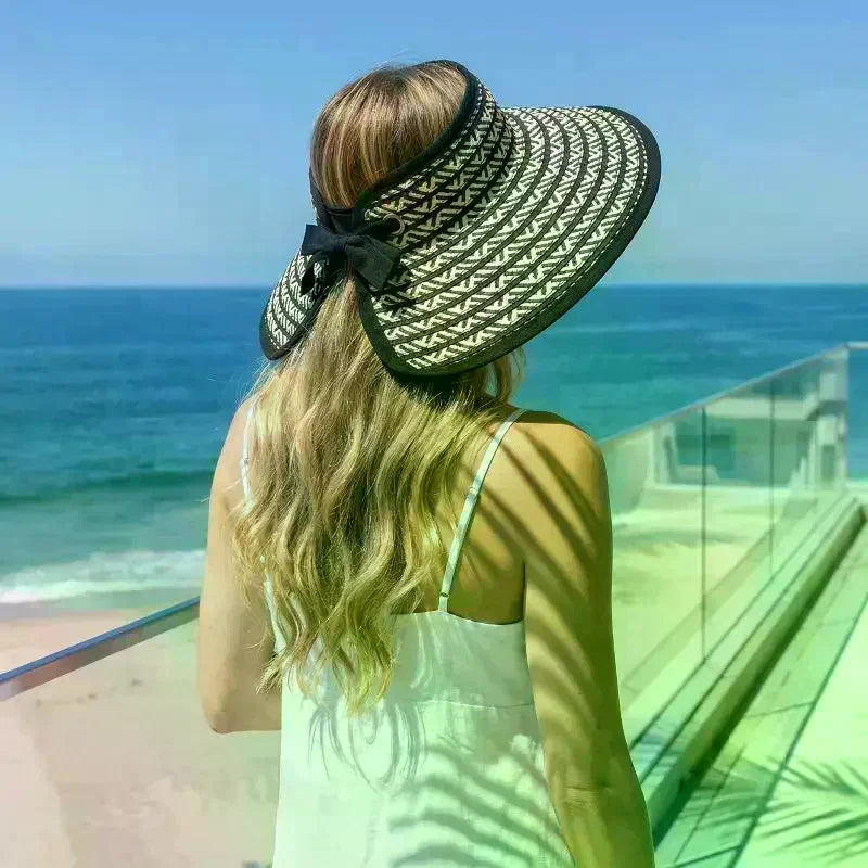Women's Wide Brim Empty Top Straw Sun Visor Cap Summer UV Protection Foldable Casual Beach Travel Hat Oasis Select