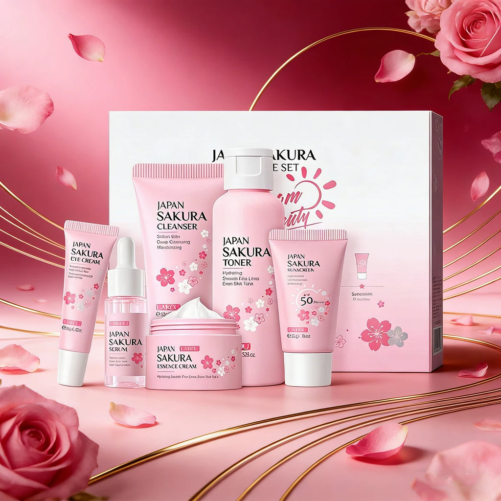 6PCs Sakura Skin Care Sets & Kits With Cleanser,Serum,Eye Cream,Sunscreen Cream Beauty Products For Women Gift Sets Routine Kit Oasis Select