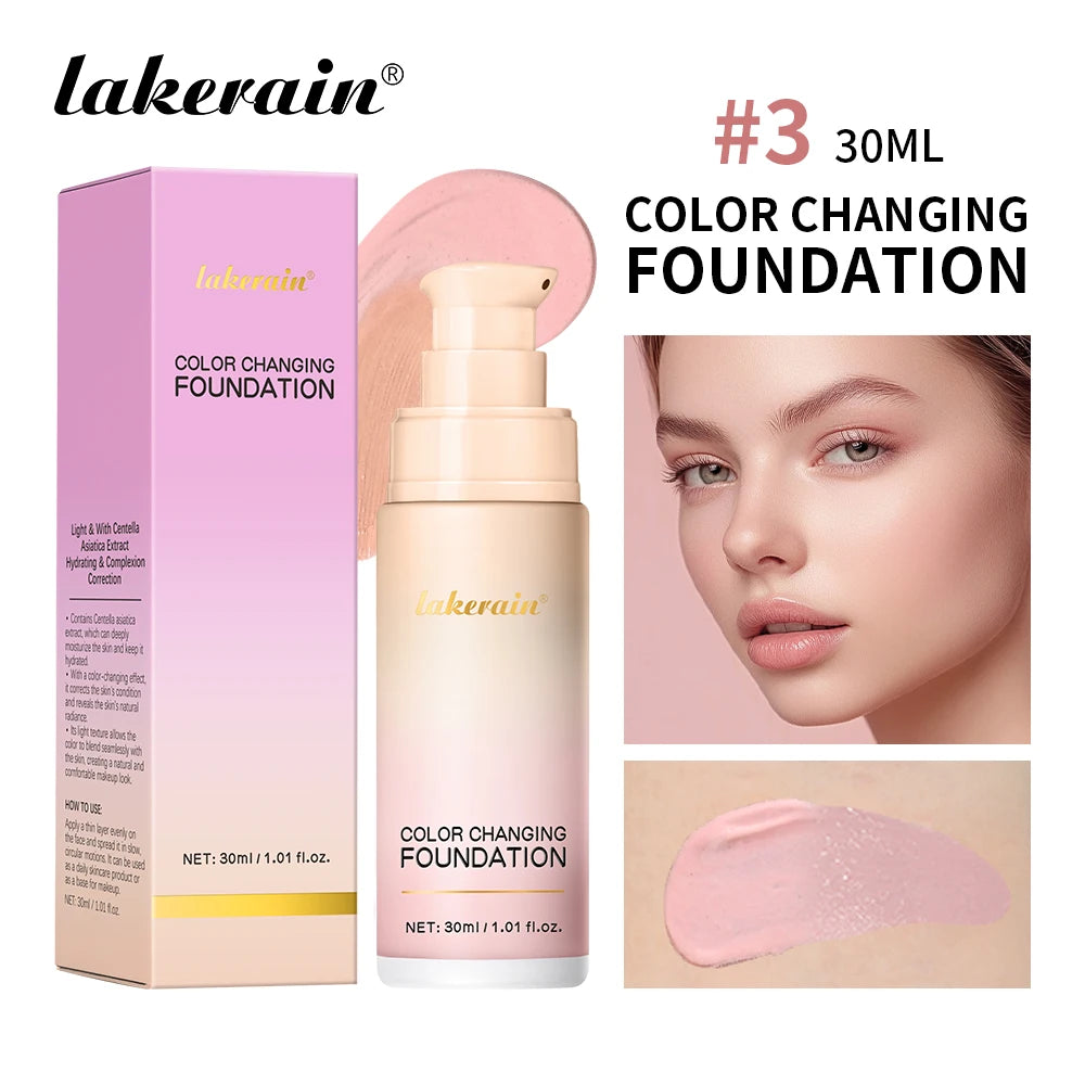 Lakerain 30ml Color Changing Foundation Long-lasting Moisturizing Even Skin Tone Liquid Coverage Lightweight Base Natural Makeup Oasis Select Chocolate