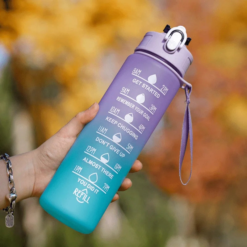 2 Liter Water Bottle with Straw Female Girls Large Portable Travel Bottles Sports Fitness Cup Summer Cold Water with Time Scale Oasis Select purple blue-900ml 2.0L