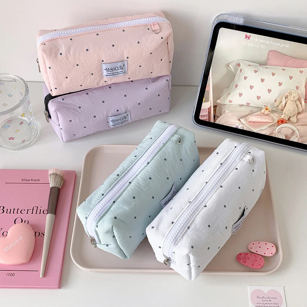 Fashion Korean Polka Dot Solid Color Pencil Case Student Stationery Large Capacity Storage Pen Bag Cute Girl Makeup Bag Gift Oasis Select