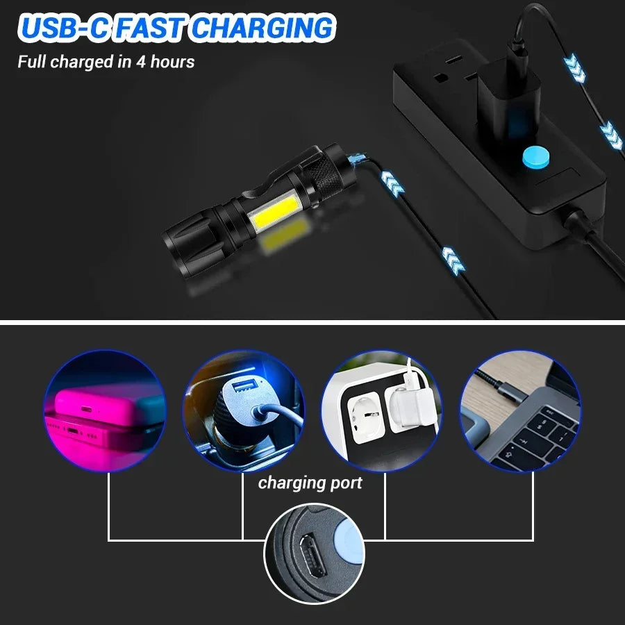 COB+XPE Portable Torch 1-10PCS Mini Flashlight Zoomable Focus Light Rechargeable Tactical Flashlight Camping Emergency Lantern Oasis Select