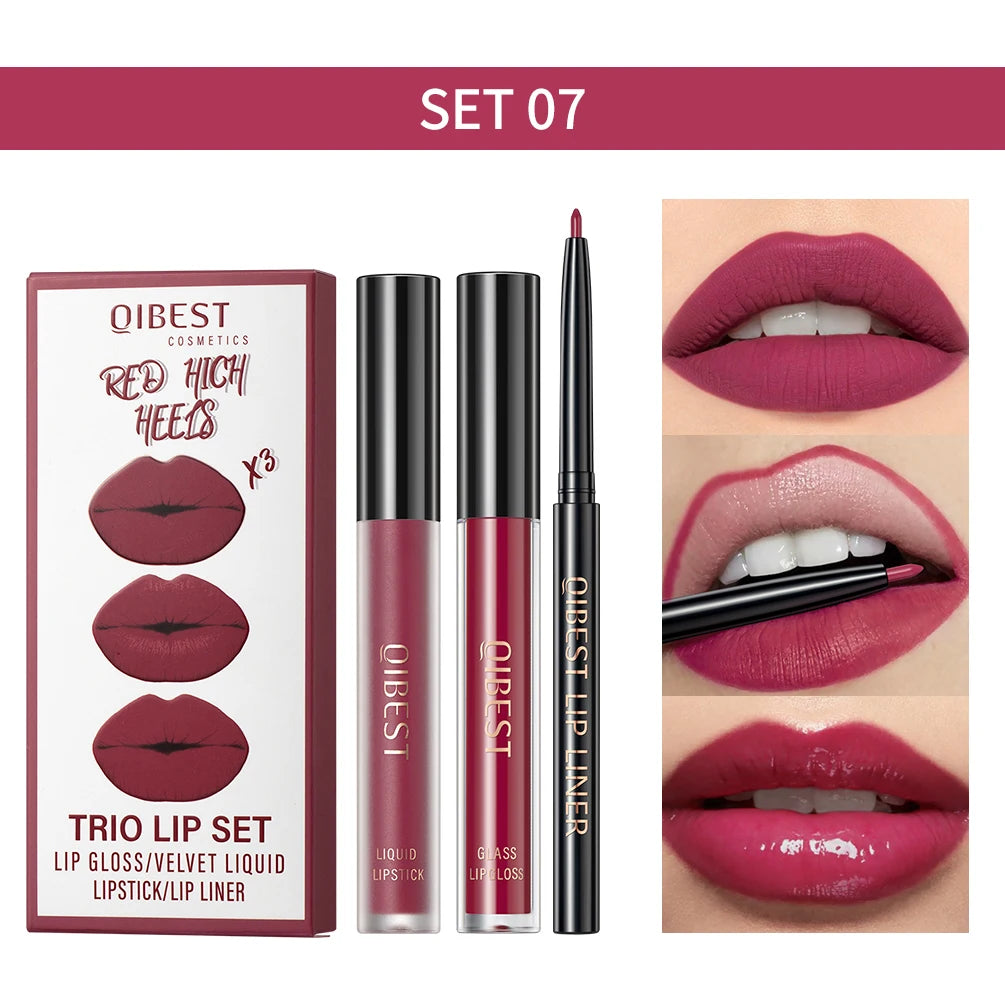 QIBEST 3-in-1 Matte Lipstick, Lip Liner & Gloss Set