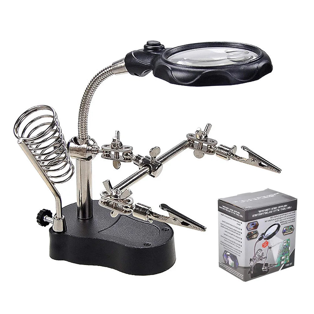 3.5X 12X Helping Hands Third Hand Soldering Iron Welding Stand Station with 2 LED Clip Welding Magnifier Magnifying Glass Oasis Select