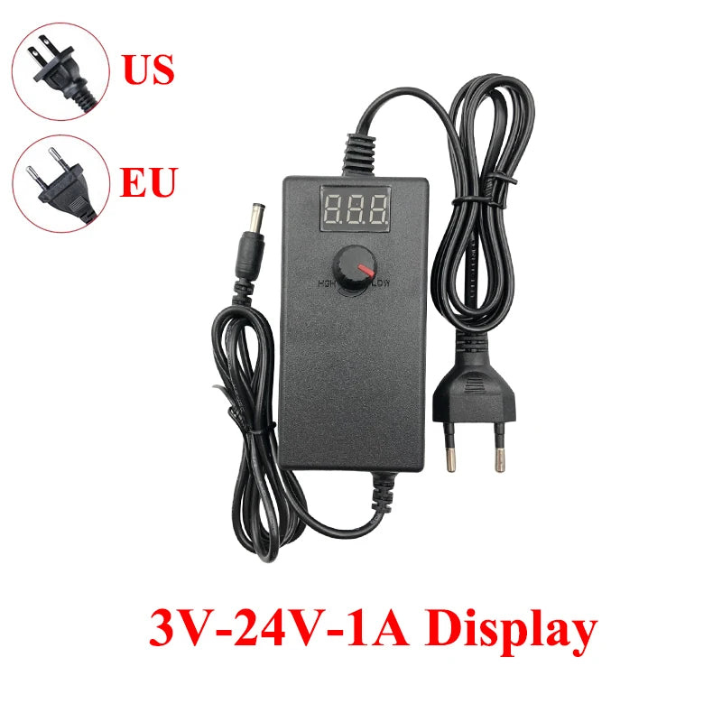 Transfotrmer AC 220V TO DC 12V 24V 5V Adjustable Power Supply Adapter DC 3V-24V Transformers AC 220 V To 12 24 V With 8PCS Plug Oasis Select 3V-24V-1A Display US Plug