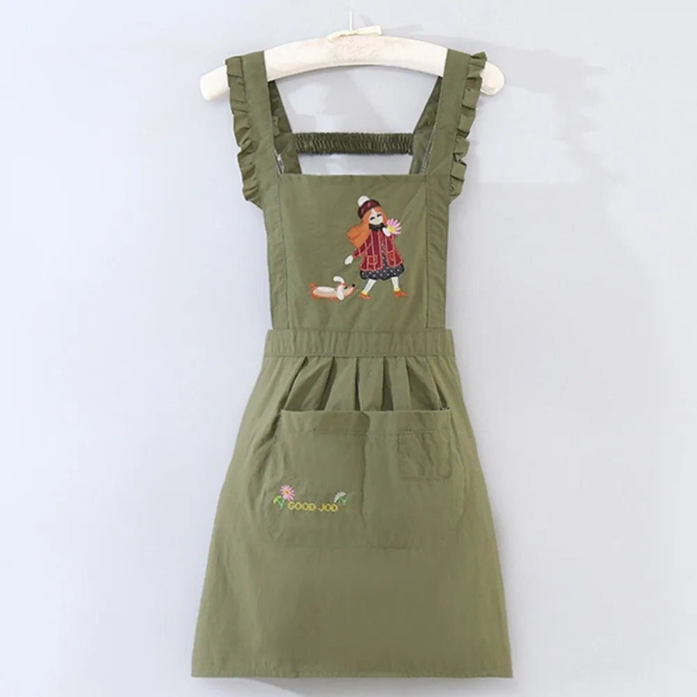Cartoon Kitchen Apron Princess Style Waterproof Cooking Baking Bibs Cross Back Anti-fouling Florist Shop Work Clothes for Women Oasis Select Green