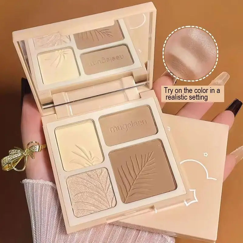 4-Colors Highlight & Contour Palette with Mirror Matte Highlighter Contour Natural Glow Contour Powder Face Makeup for Beginners Oasis Select