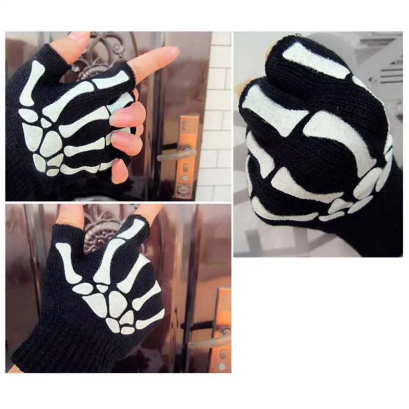 1/3/6Pairs Unisex Adult Halloween Skeleton Skull Half Finger Gloves Glow In The Dark Fingerless Stretch Knitted Winter Mittens Oasis Select