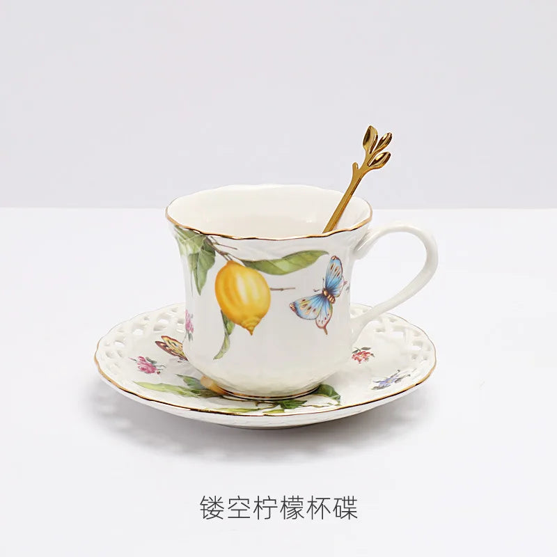 European Lemon Pattern Ceramic Dinner Steak Plate Bowl Fruit Candy Dim Sum Western Cuisine Plate Dishes Home Breakfast Plate Oasis Select 200ML-Flower-cup set