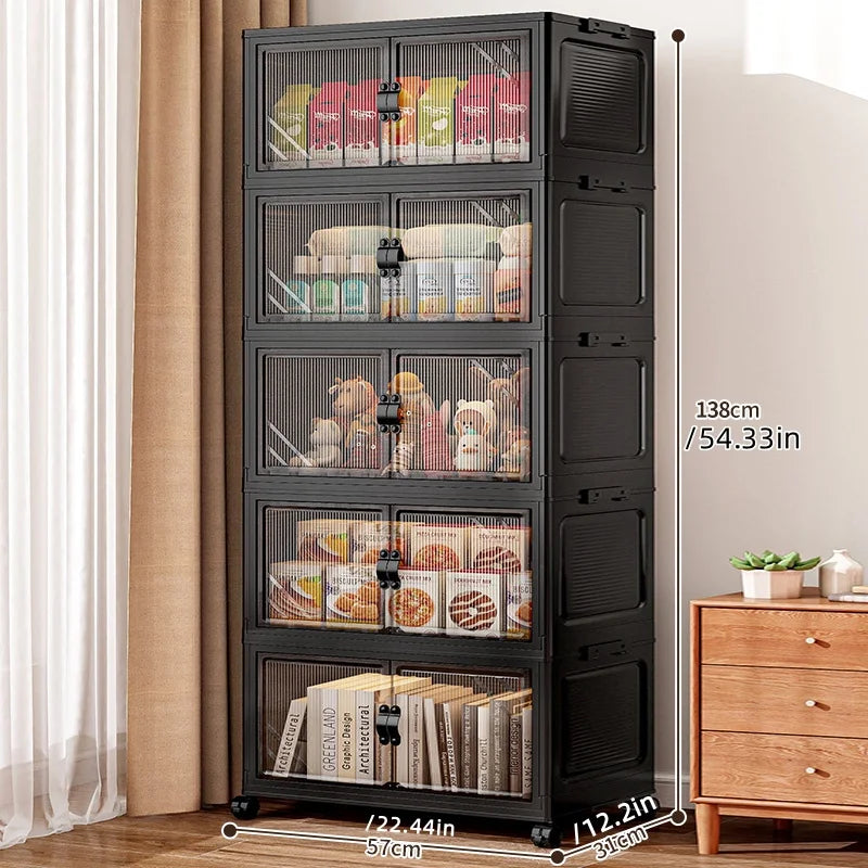 22.4 Inch Foldable Storage Box,Double Doors Multi-Layer No Assembly Organizer for Drinks/Snacks/Toys/Daily Items,Space-Savining Oasis Select 5 Layers