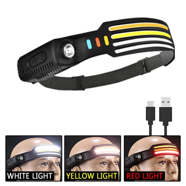 New Multimode LED COB Sensor Headlight Built-In Battery USB Rechargeable Waterproof Headlamp Outdoor Camping Fishing Lantern Oasis Select 4 White Red Yellow
