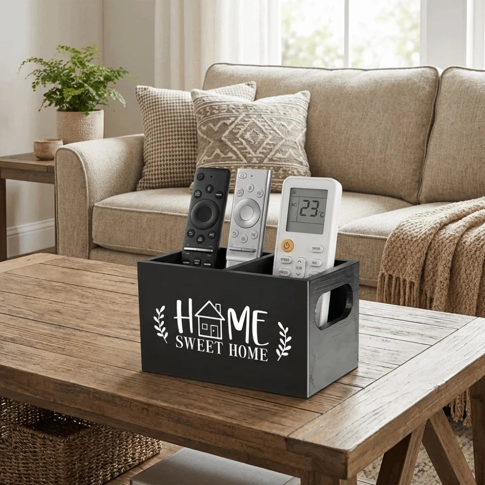 Wooden Remote Control Storage Box – 2-Slot Desktop Organizer