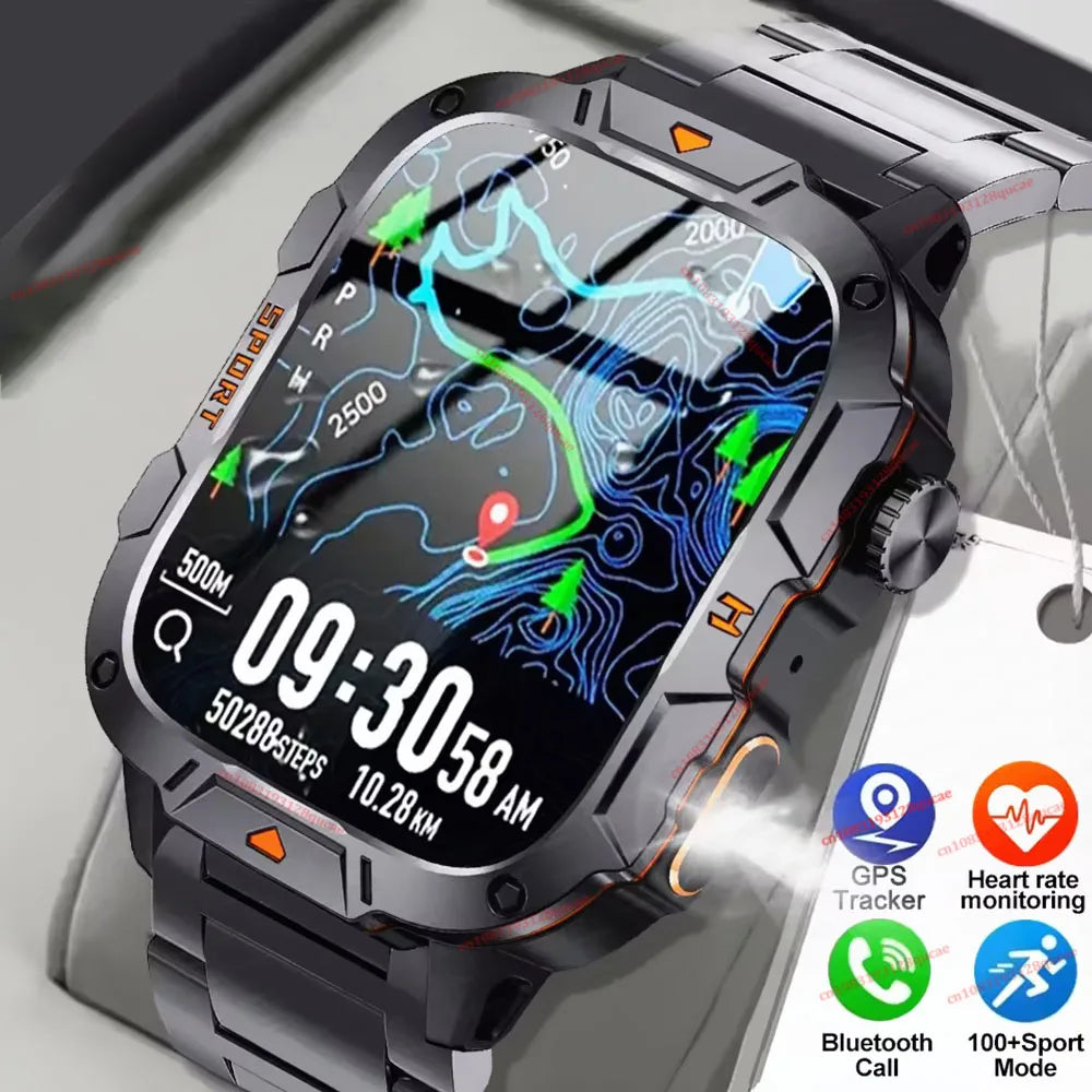 Military Smart Watch LED Flashlight GPS Fitness Tracker 3ATM
