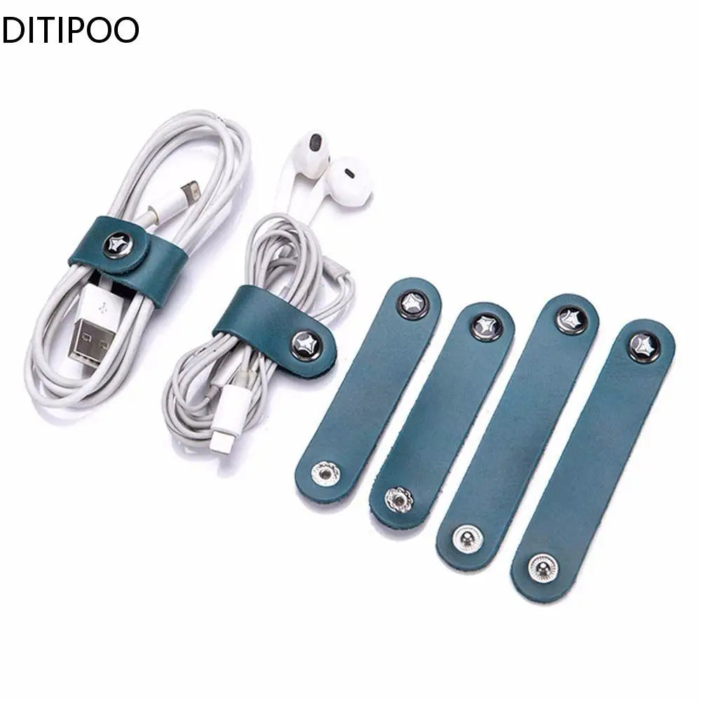 4Pcs Leather Data Cable Organizer Cord Winder Straps Earphone Wrap Winder Charger Protector Tidy Storage Cable Holder Clips Ties Oasis Select