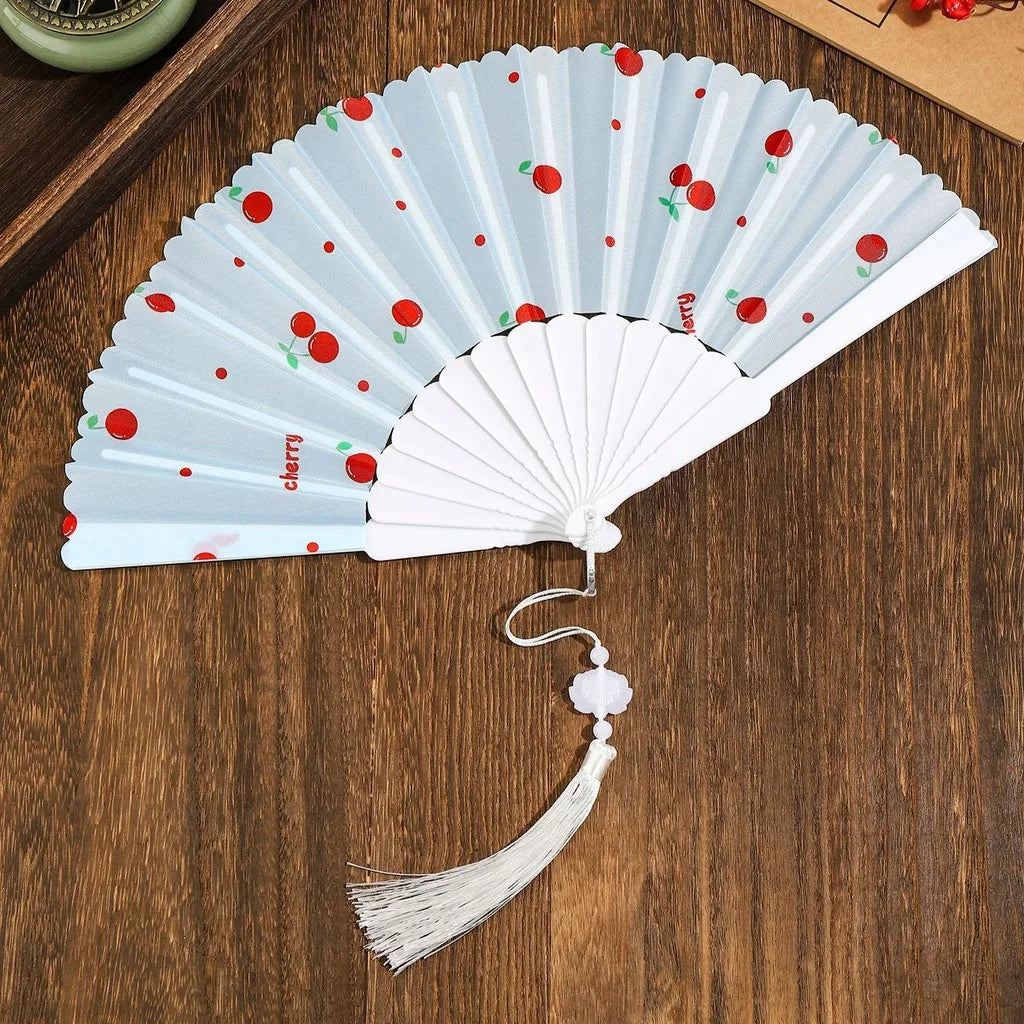 Portable Fruit Pattern Folding Hand Fan Plastic Frame Fabric Fan With Tassel Summer Cooling Fans Dance Performance Home Decor Oasis Select