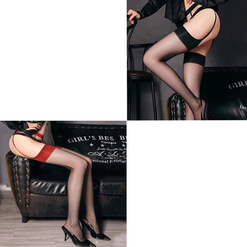 1/2pcs Black/Red/Nude Thigh-high Nylon Stockings Sexy Lingerie Garter Belt Long Stockings Ladies Ultra-thin Transparent Tights Oasis Select Red-Black One Size