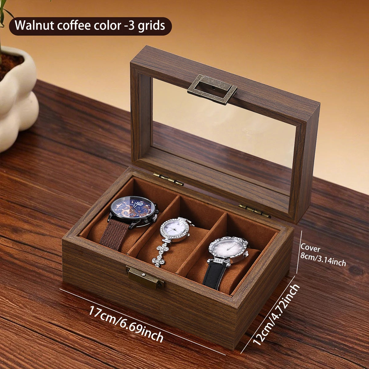 1pc Multi grid wooden watch box with glass cover adjustable jewelry storage box glasses bracelet velvet watch display box Oasis Select Brown-3grids