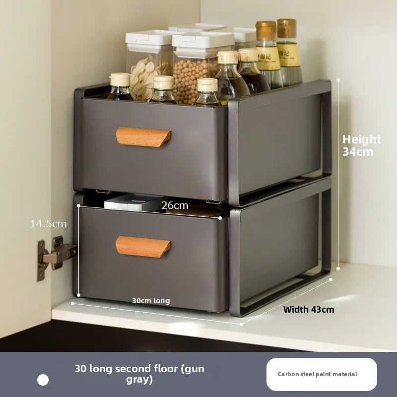 Multi-functional Kitchen Lower Sink Shelf Seasoning Dishes Pull-out Storage Box Sink Storage Rack Cabinet Pull Basket Layer Rack Oasis Select Grey A-2-30