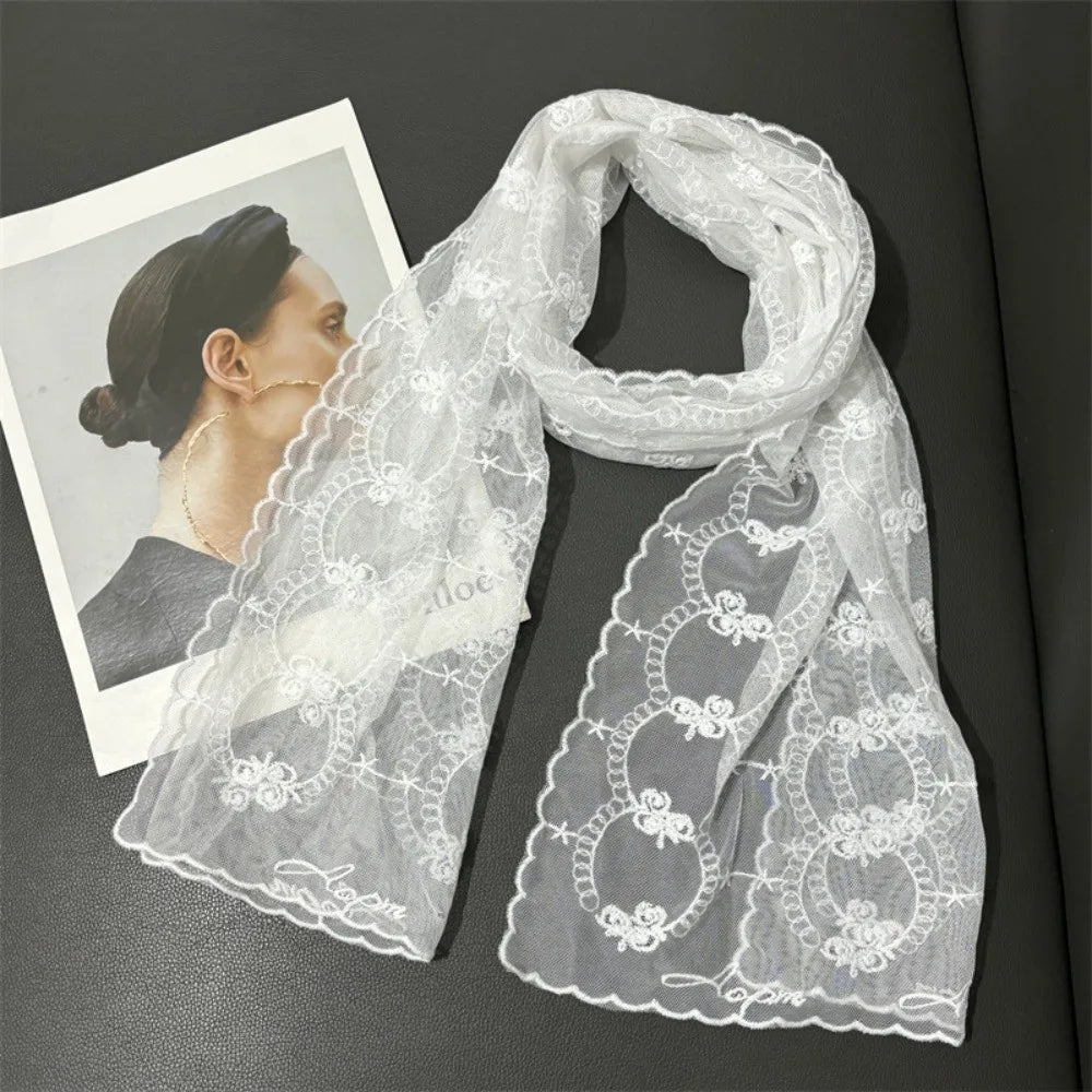 Retro Embroidered Flower Lace Scarf Breathable Mesh Long Sunscreen Shawl Lightweight Female Headscarf Spring Oasis Select Style 2