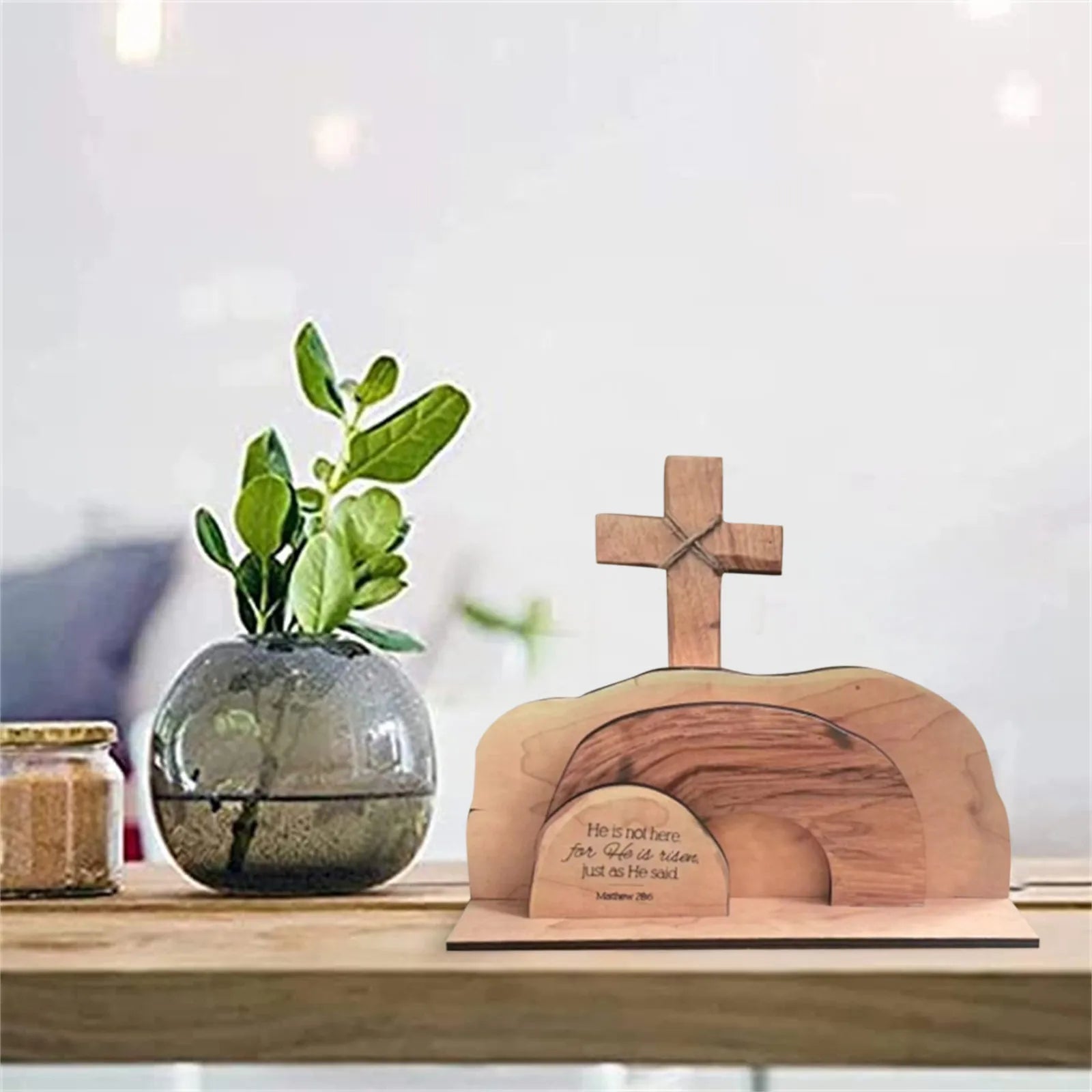 Easter Resurrection Scene Wooden Figurine – Risen Christ Decor Holiday Figurine Set Oasis Select