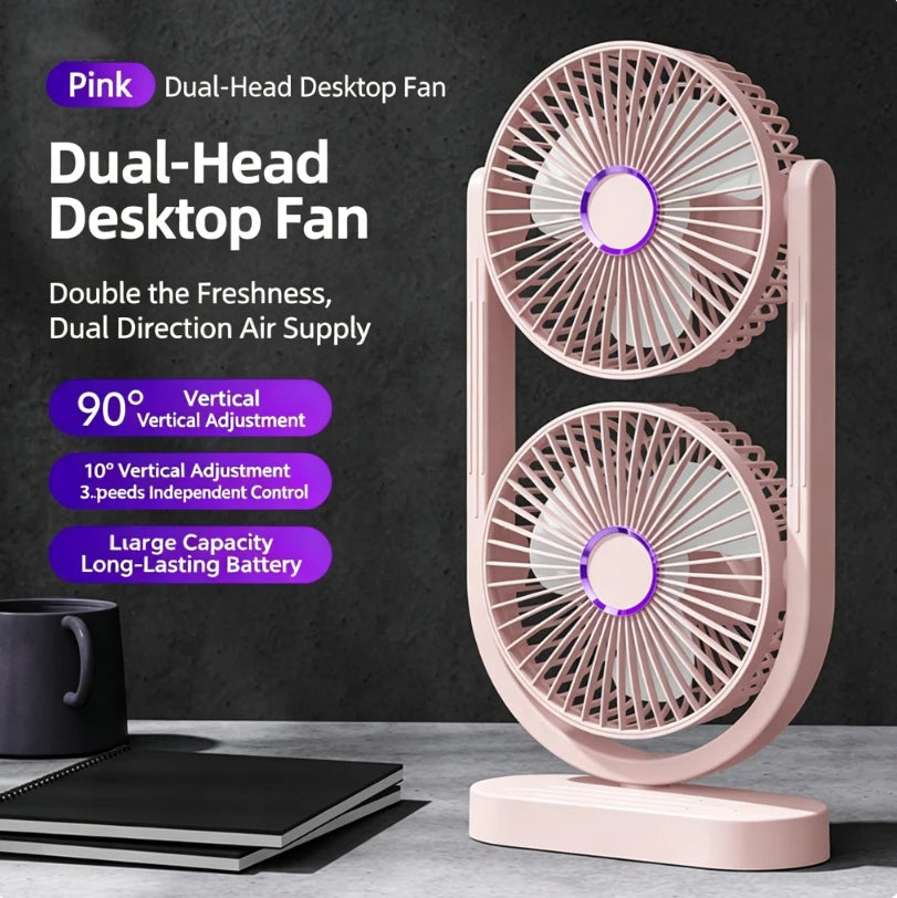 Portable Turbo Desk Fan 3 Speeds Ultra Quiet Type-C Rechargeable Dual Head Air Circulation Fan for All USB Power Sources Oasis Select Pink