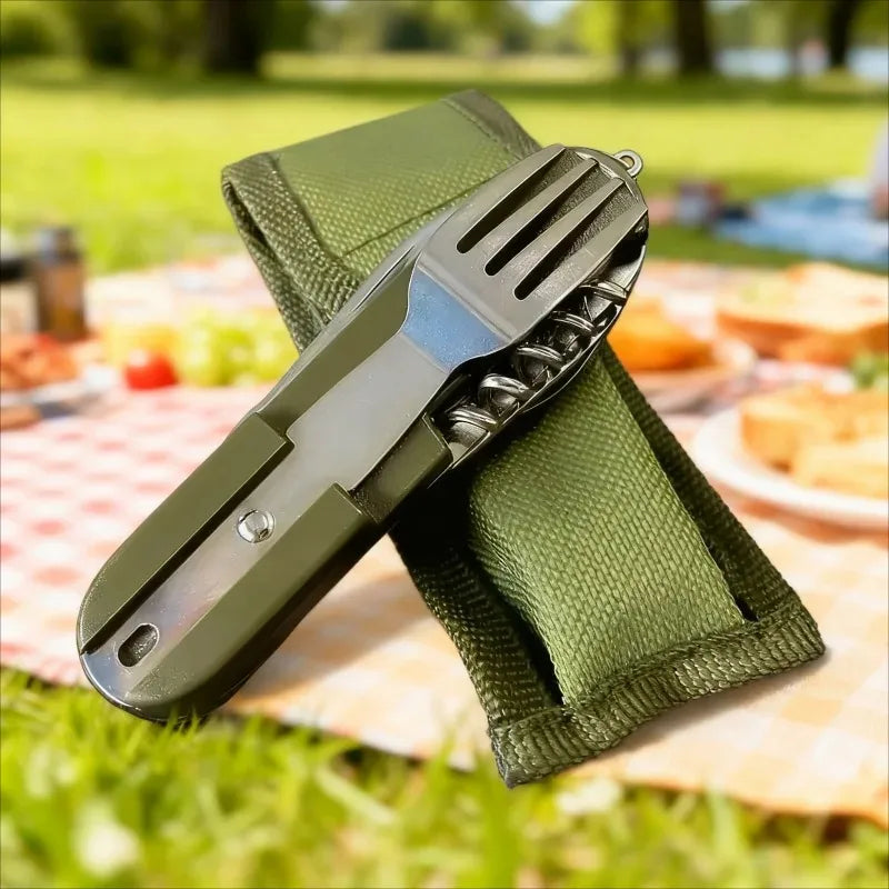 1pcs Outdoor Picnic Portable Tableware Camping Folding Stainless Steel Knife Fork Spoon Bottle Opener Multifunctional Wilderness Oasis Select