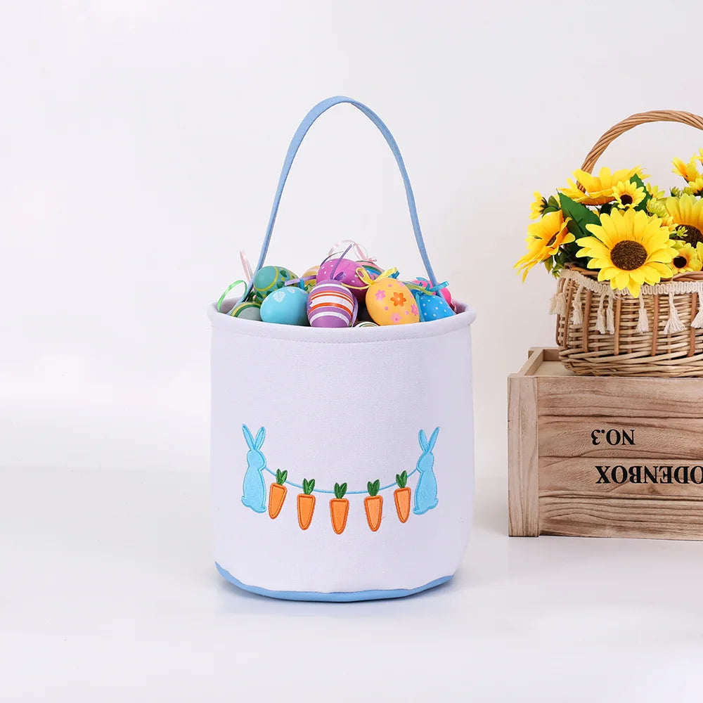 Easter Egg Handheld Storage Basket, Canvas Easter Bunny Bags Eggs Hunting Carry and Candy Gift Bag Rabbit Print for Easter Party Oasis Select Blue Other