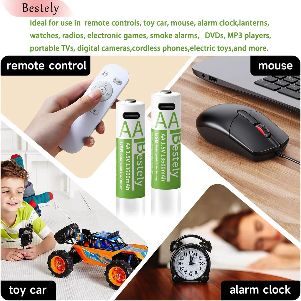 New 1.5V AA 13600mAh+AAA 6800mAh Lithium rechargeable Battery,USB Fast Charging Li-ion Battery , 2000 Cycles with USB- C Cable Oasis Select