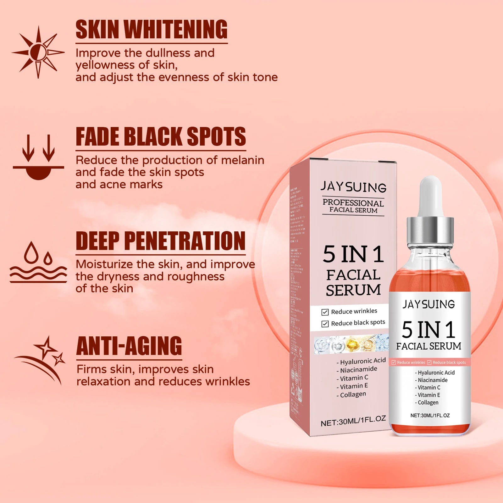 5 In 1 Face Serum Hyaluronic Acid Moisturizing Whitening Anti Wrinkle Aging Vitamin C Fade spots Shrink Pores Skin Care 30ml Oasis Select
