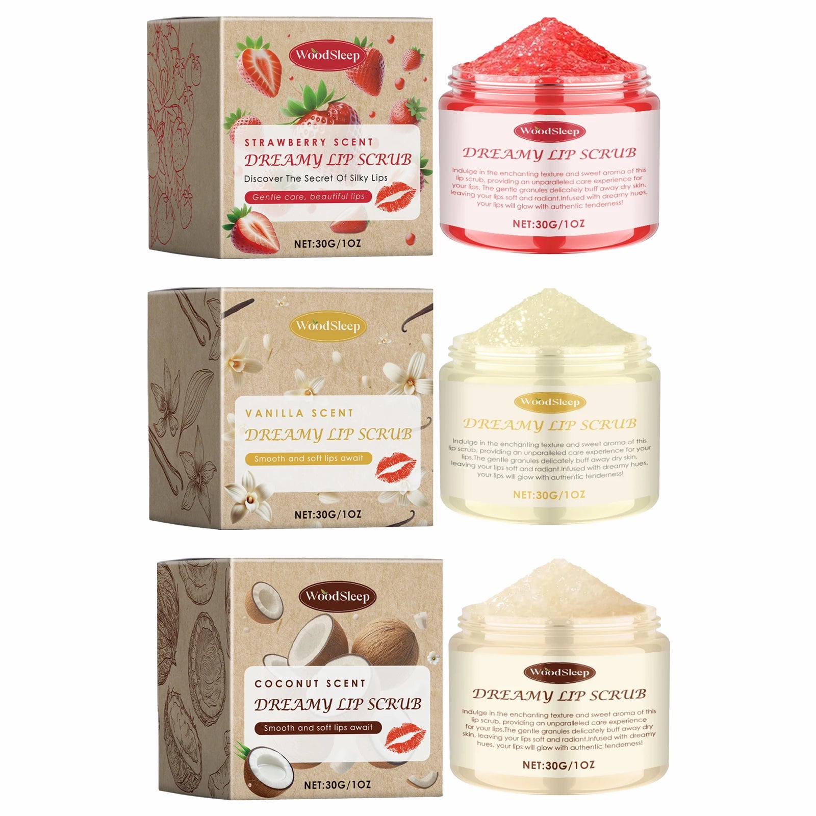 WOODSLEEP Coconut Vanilla Lip Scrub – Exfoliate & Moisturize Lip Scrub Oasis Select 90g three SCENT