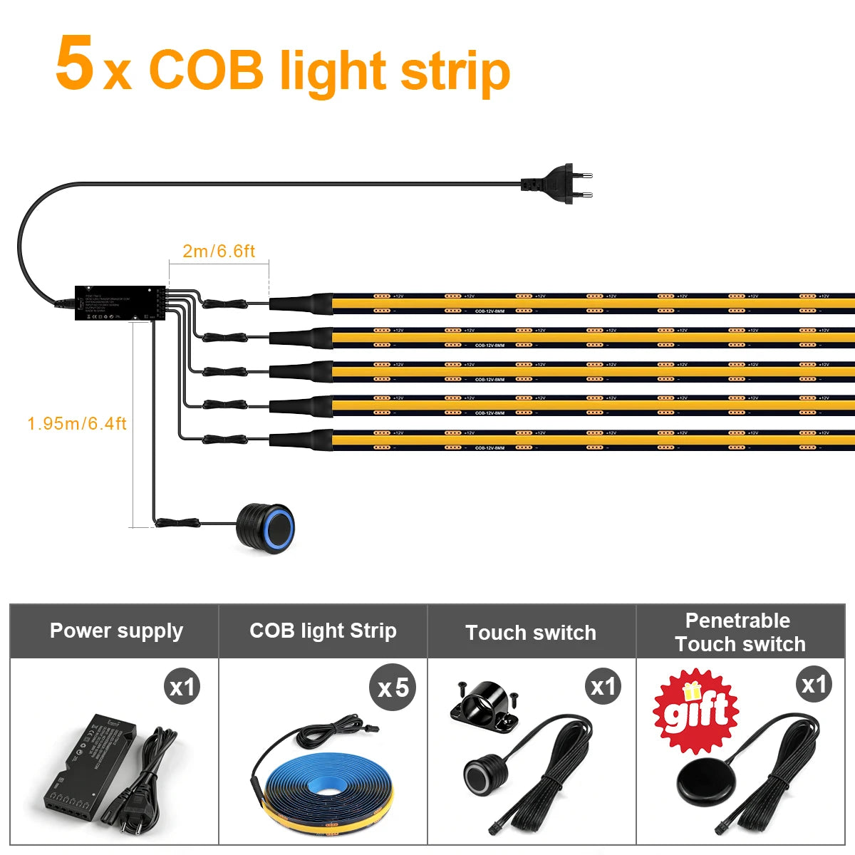 12v Dimmable Black PCB COB LED Light Strip with Double Touch Sensor,For Soundproof Panel Cabinet Wall Embedded Decor Night Lamp Oasis Select 5x COB Strip Set Neutral White 1M 3.28FT|EU Plug
