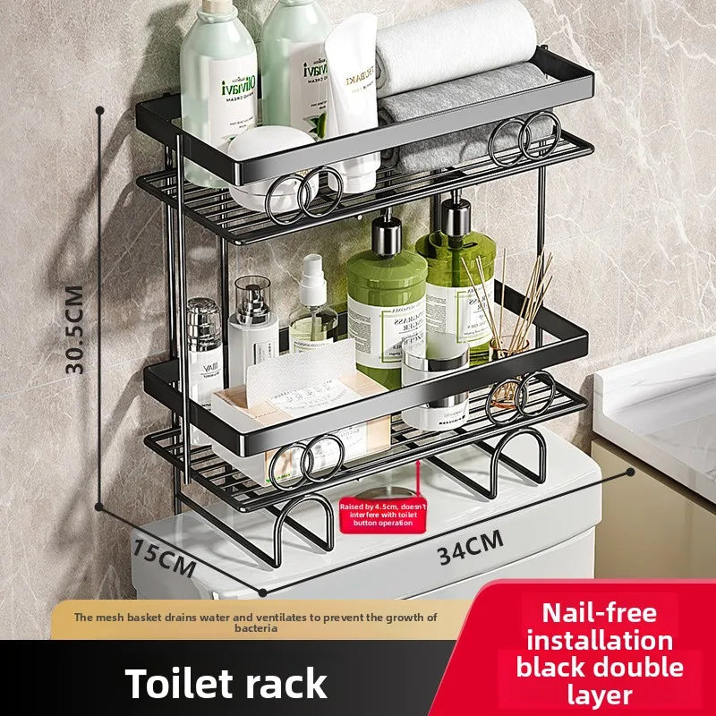 Shelf above the toilet in the bathroom toilet toilet toilet toilet wall hanging multi-functional storage rack without punching Oasis Select Black double layer