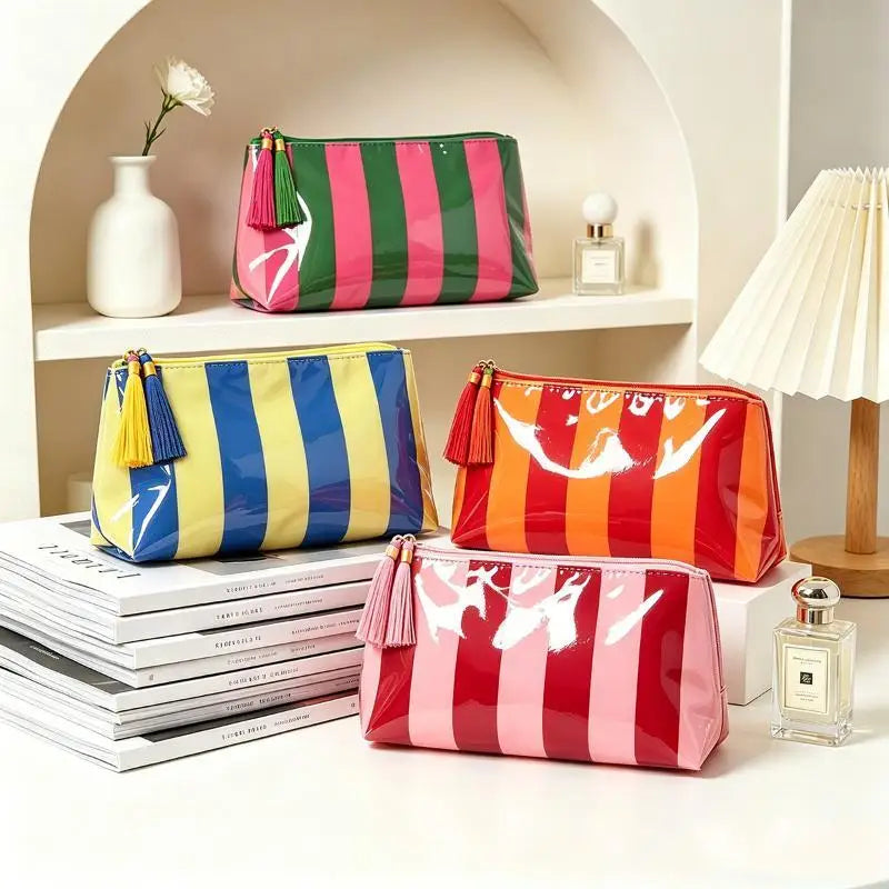 Waterproof Striped PVC Cosmetic Bag with Tassel Zipper