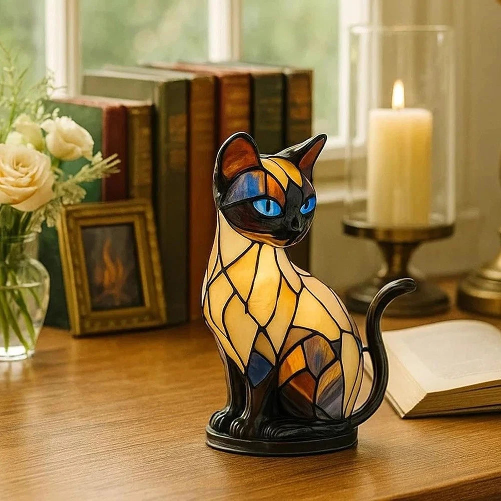 Cute Cat Lamp Stained Glass Retro led Stained Resin Tabletop Night Light bedroom Atmosphere Lights Gift For Dog Cat Lovers Oasis Select